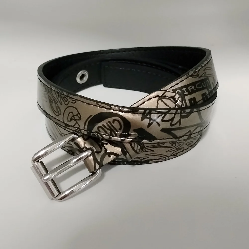 Steve Madden Circus Women Sz Large Belt Stylish Y2K Vegan Leather Gold Lettering